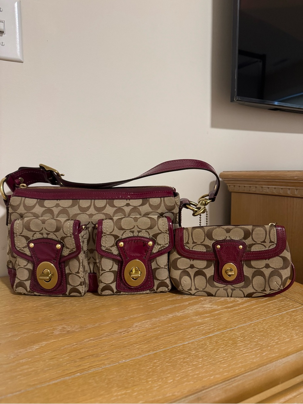 Coach Burgundy Legacy Shoulder Bag and Wristlet